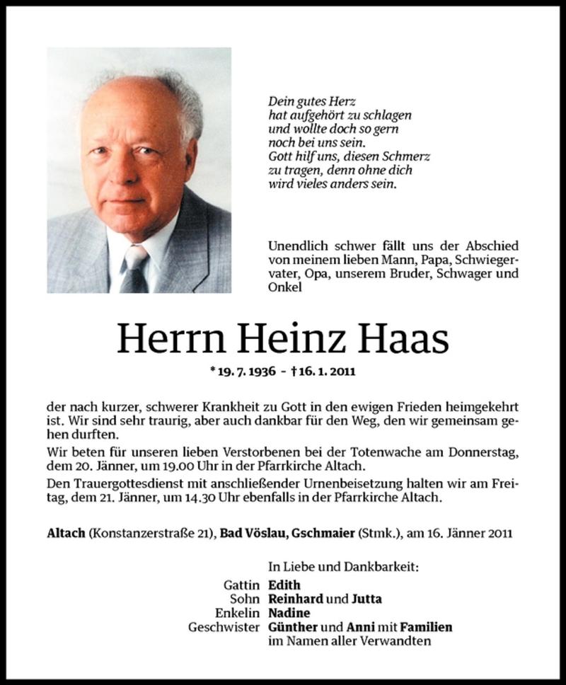 Todesanzeigen Von Heinz Haas Todesanzeigen Vorarlberger Nachrichten