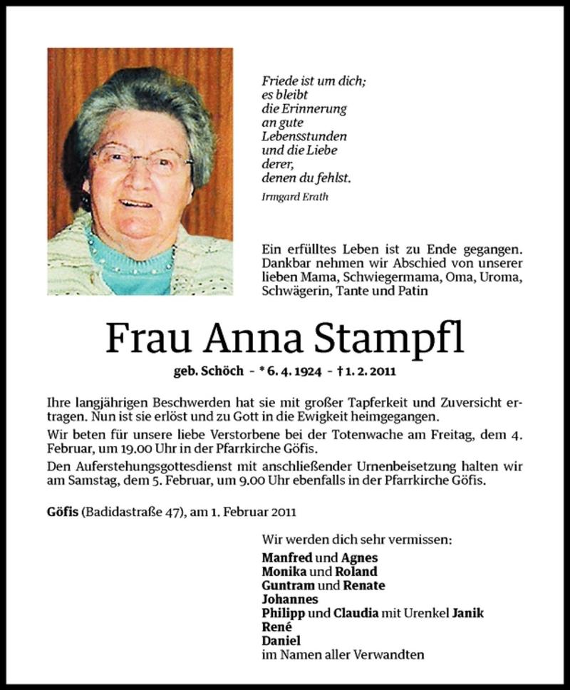 Todesanzeigen Von Anna Stampfl Todesanzeigen Vorarlberger Nachrichten