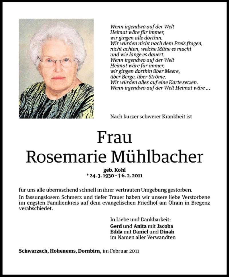 Todesanzeigen von Rosemarie Mühlbacher Todesanzeigen Vorarlberger