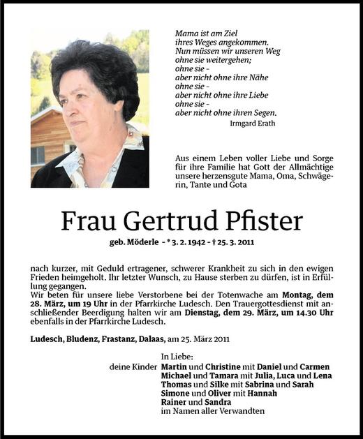 Todesanzeigen Von Gertrud Pfister Todesanzeigen Vorarlberger Nachrichten