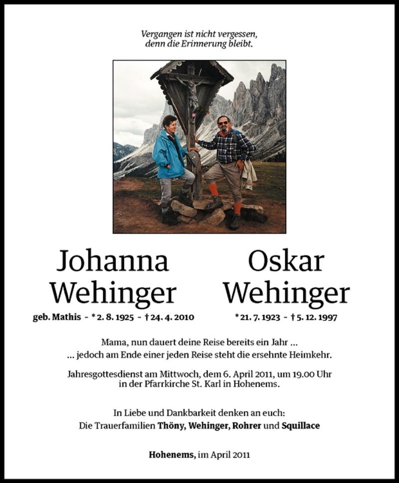 Todesanzeigen Von Johanna Und Oskar Wehinger Todesanzeigen