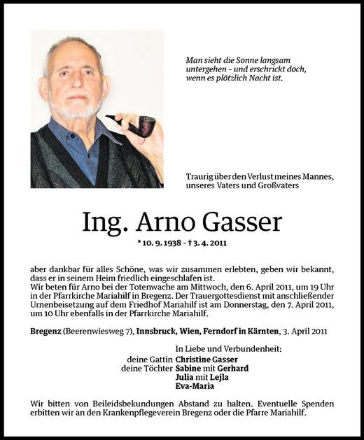 Todesanzeigen Von Ing Arno Gasser Todesanzeigen Vorarlberger Nachrichten