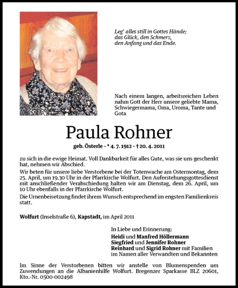 Todesanzeigen Von Paula Rohner Todesanzeigen Vorarlberger Nachrichten