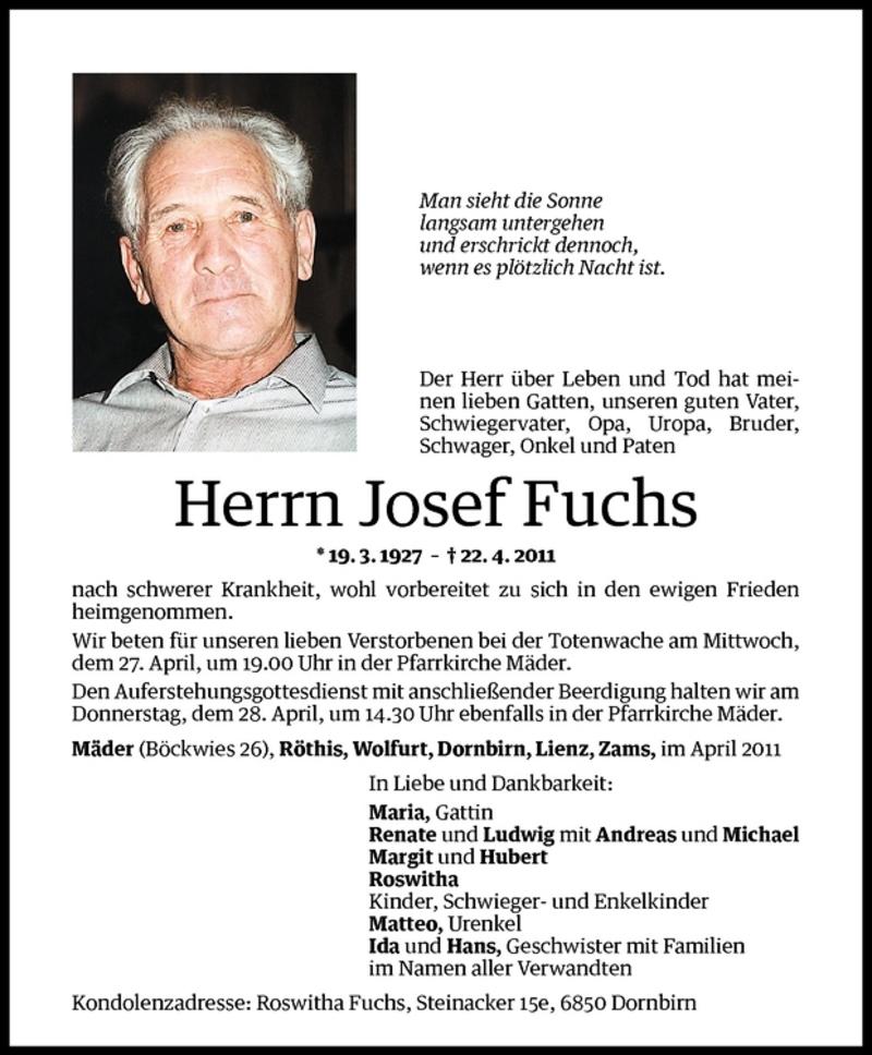 Todesanzeigen Von Josef Fuchs Todesanzeigen Vorarlberger Nachrichten