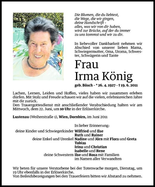 Todesanzeigen von Irma König Todesanzeigen Vorarlberger Nachrichten