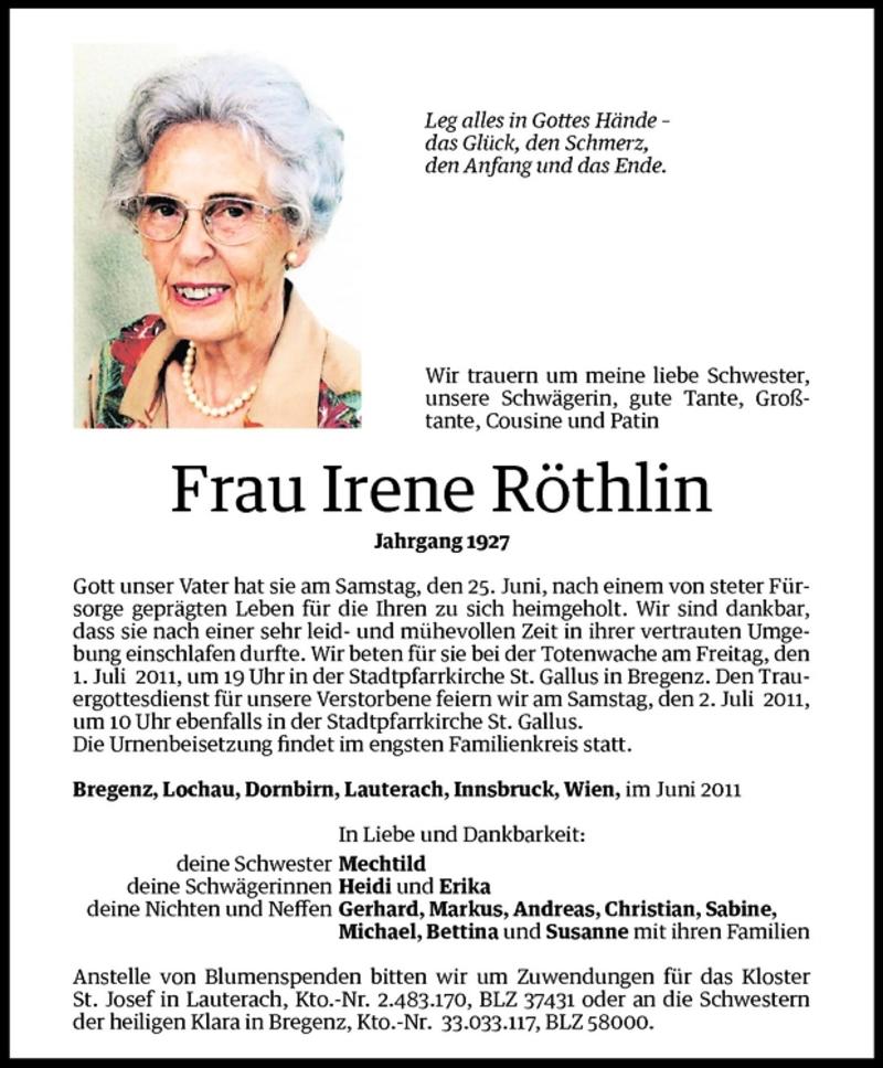 Todesanzeigen von Irene Röthlin Todesanzeigen Vorarlberger Nachrichten