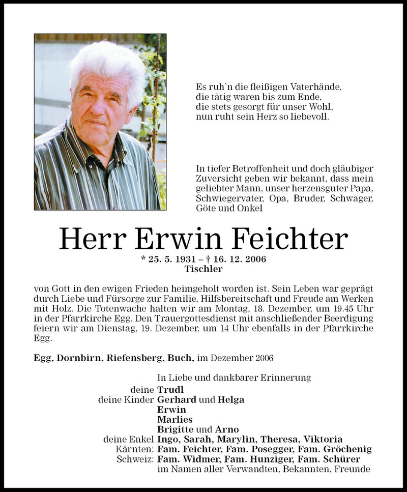 Todesanzeigen Von Erwin Feichter Todesanzeigen Vorarlberger Nachrichten