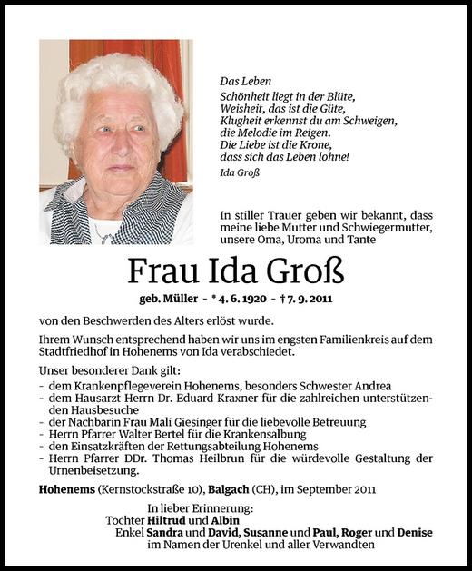 Todesanzeigen von Ida Groß Todesanzeigen Vorarlberger Nachrichten