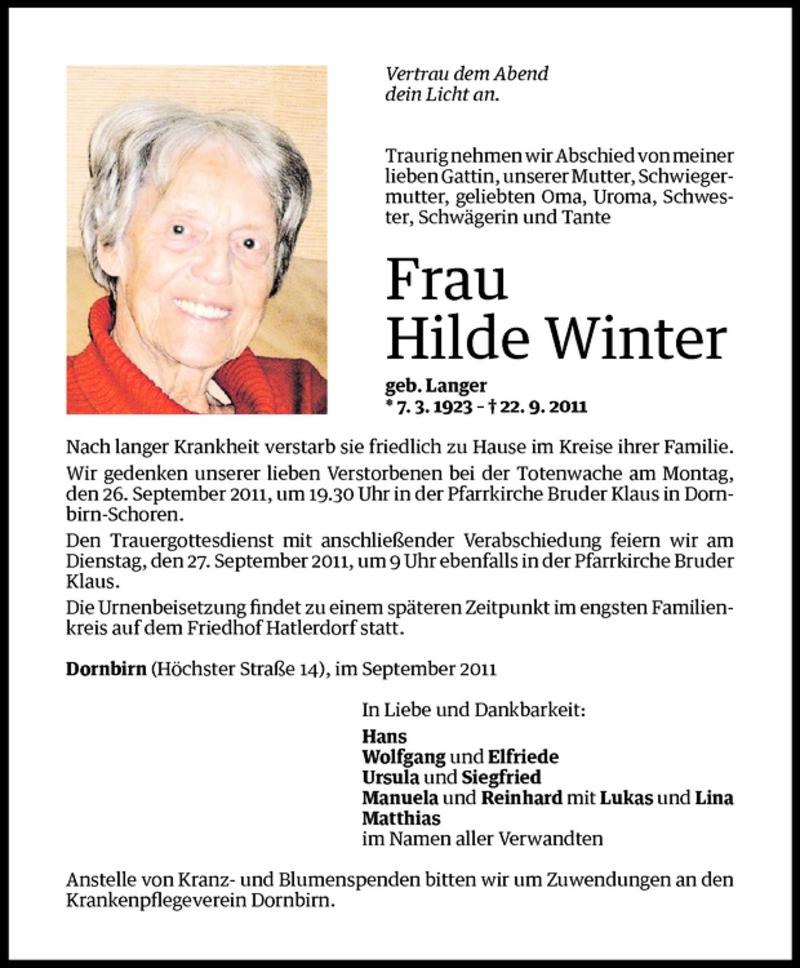 Todesanzeigen Von Hilde Winter Todesanzeigen Vorarlberger Nachrichten