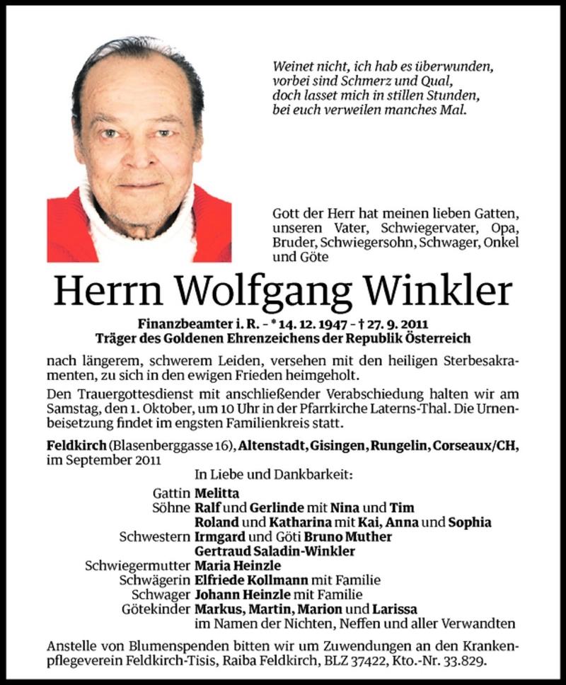 Todesanzeigen Von Wolfgang Winkler Todesanzeigen Vorarlberger Nachrichten