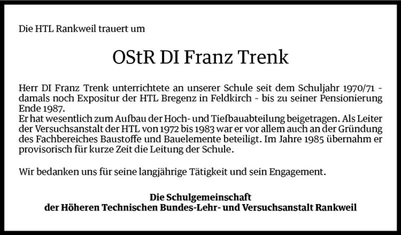 Todesanzeigen Von Dipl Ing Franz Trenk Todesanzeigen Vorarlberger