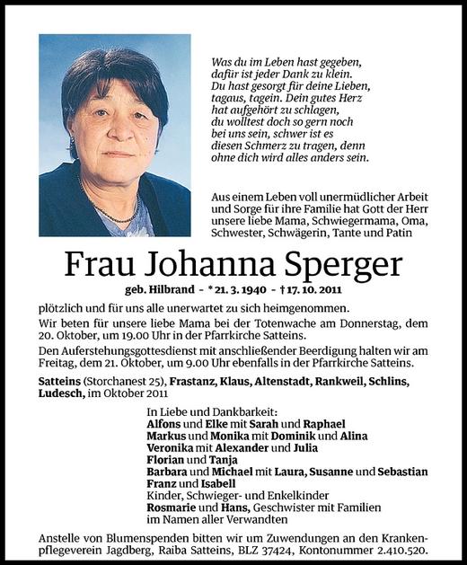 Todesanzeigen Von Johanna Sperger Todesanzeigen Vorarlberger Nachrichten