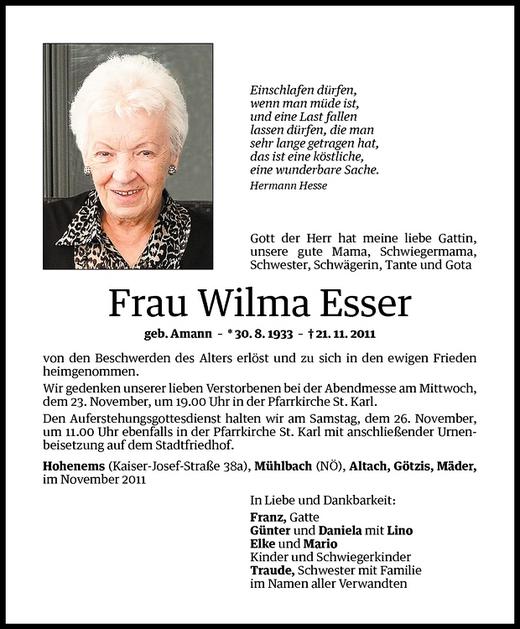 Todesanzeigen Von Wilma Esser Todesanzeigen Vorarlberger Nachrichten