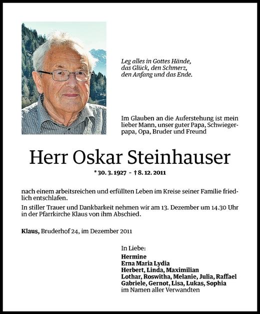 Todesanzeigen Von Oskar Steinhauser Todesanzeigen Vorarlberger