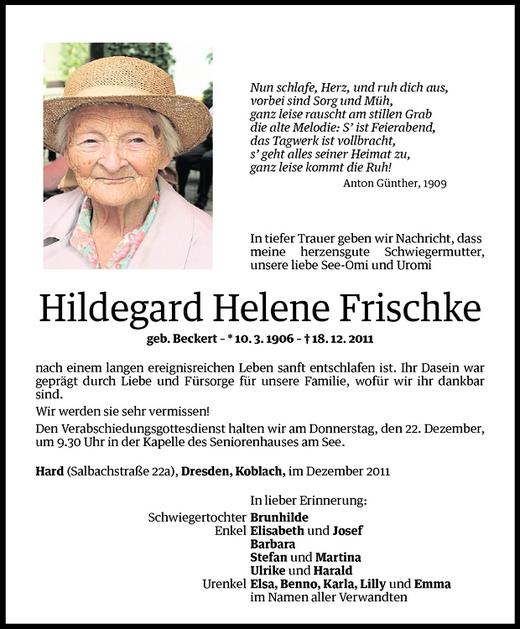 Todesanzeigen Von Hildegard Helene Frischke Todesanzeigen