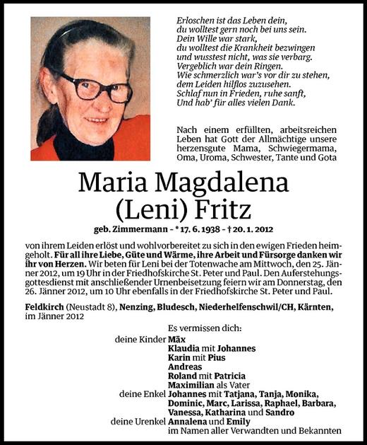 Todesanzeigen Von Maria Magdalena Leni Fritz Todesanzeigen