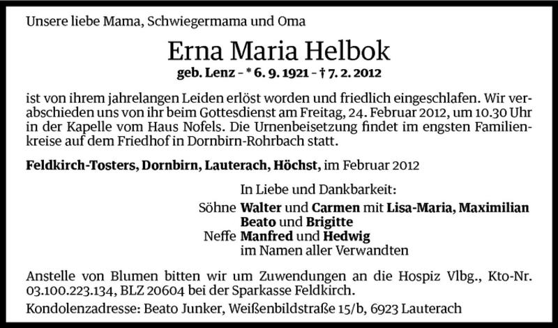 Todesanzeigen Von Erna Maria Helbok Todesanzeigen Vorarlberger