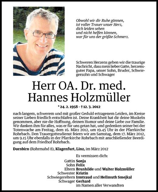 Todesanzeigen Von Oa Dr Med Hannes Holzm Ller Todesanzeigen