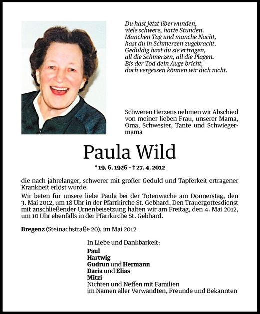 Todesanzeigen Von Paula Wild Todesanzeigen Vorarlberger Nachrichten