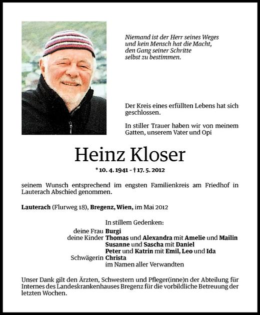 Todesanzeigen Von Heinz Kloser Todesanzeigen Vorarlberger Nachrichten