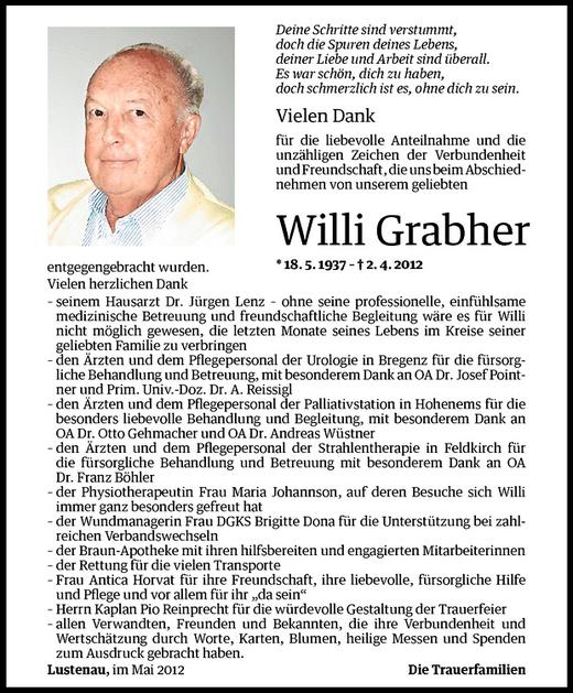 Todesanzeigen Von Willi Grabher Todesanzeigen Vorarlberger Nachrichten