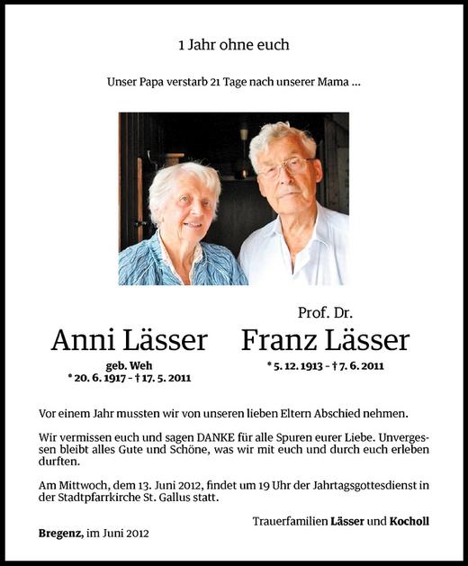 Todesanzeigen Von Anni Und Prof Dr Franz L Sser Todesanzeigen