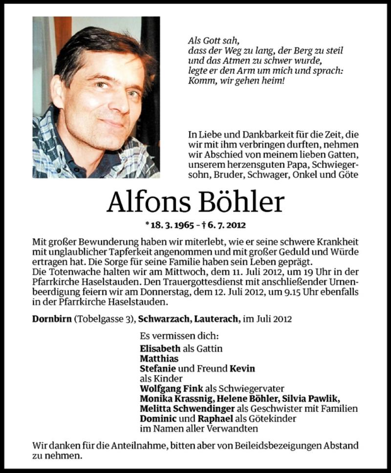 Todesanzeigen von Alfons Böhler Todesanzeigen Vorarlberger Nachrichten