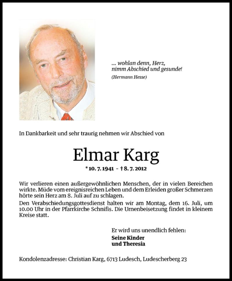 Todesanzeigen Von Elmar Karg Todesanzeigen Vorarlberger Nachrichten