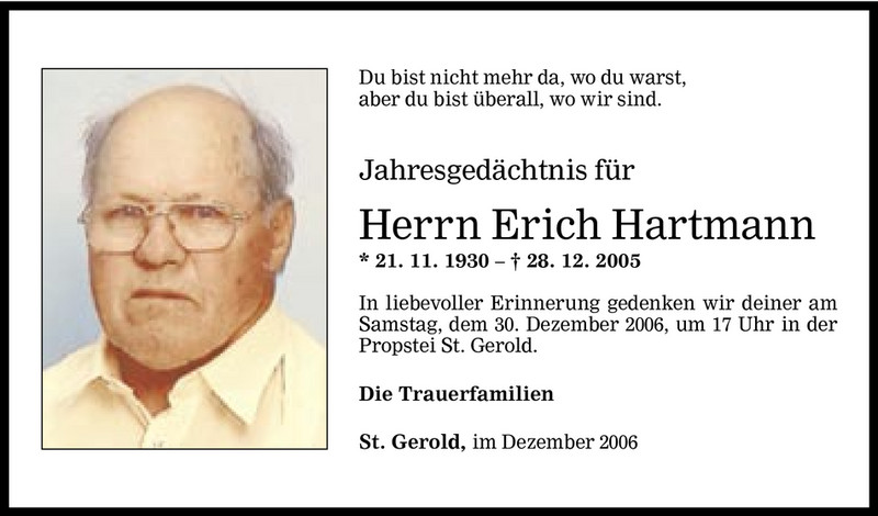 Todesanzeigen Von Erich Hartmann Todesanzeigen Vorarlberger Nachrichten