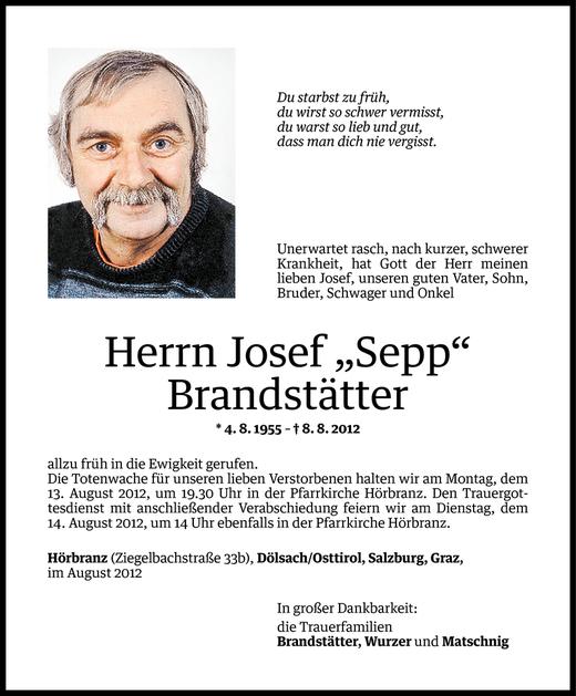 Todesanzeigen von Josef Sepp Brandstätter Todesanzeigen Vorarlberger