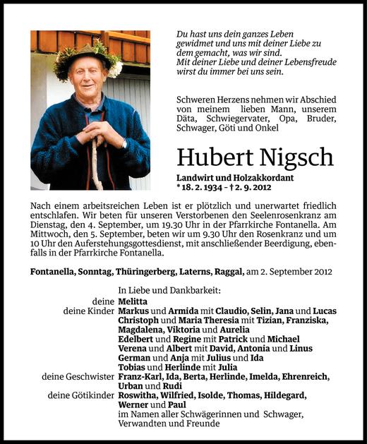 Todesanzeigen Von Hubert Nigsch Todesanzeigen Vorarlberger Nachrichten