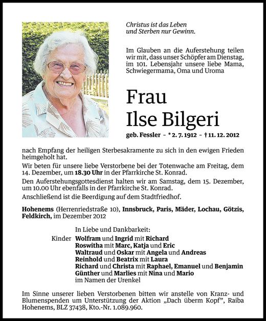 Todesanzeigen Von Ilse Bilgeri Todesanzeigen Vorarlberger Nachrichten