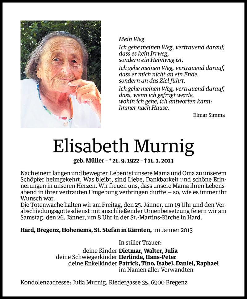 Todesanzeigen Von Elisabeth Murnig Todesanzeigen Vorarlberger Nachrichten