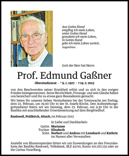 Todesanzeigen von Prof Edmund Gaßner Todesanzeigen Vorarlberger