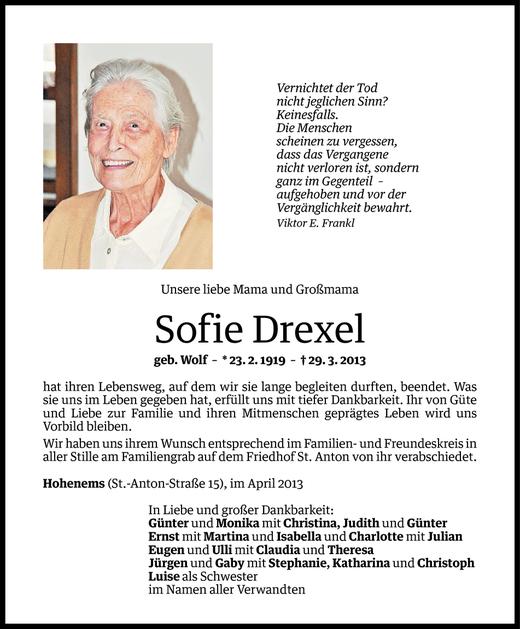 Todesanzeigen Von Sofie Drexel Todesanzeigen Vorarlberger Nachrichten