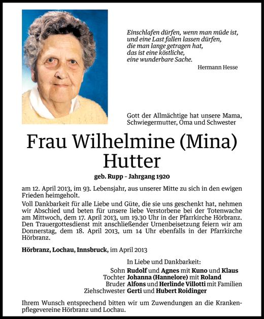 Todesanzeigen Von Wilhelmine Mina Hutter Todesanzeigen Vorarlberger