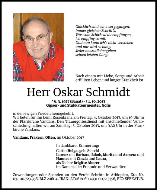 Todesanzeigen Von Oskar Schmidt Todesanzeigen Vorarlberger Nachrichten