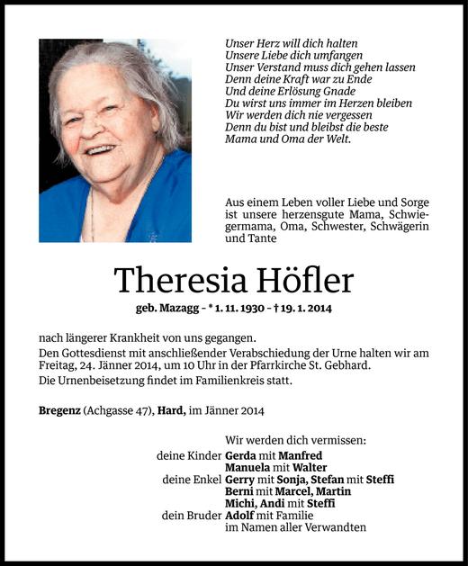 Todesanzeigen Von Theresia H Fler Todesanzeigen Vorarlberger Nachrichten