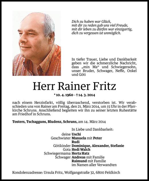 Todesanzeigen Von Rainer Fritz Todesanzeigen Vorarlberger Nachrichten