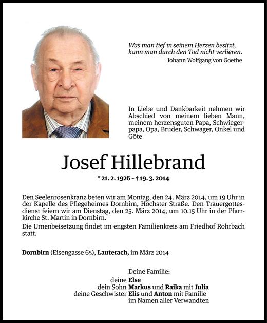 Todesanzeigen Von Josef Hillebrand Todesanzeigen Vorarlberger Nachrichten