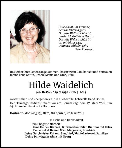 Todesanzeigen Von Hilde Waidelich Todesanzeigen Vorarlberger Nachrichten