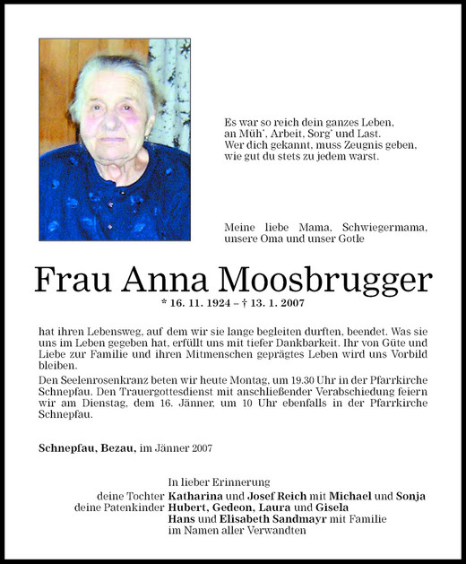 Todesanzeigen Von Anna Moosbrugger Todesanzeigen Vorarlberger Nachrichten