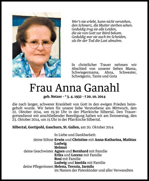 Todesanzeigen Von Anna Ganahl Todesanzeigen Vorarlberger Nachrichten