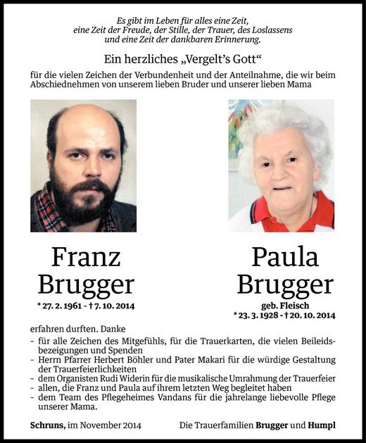 Todesanzeigen Von Franz Und Paula Brugger Todesanzeigen Vorarlberger