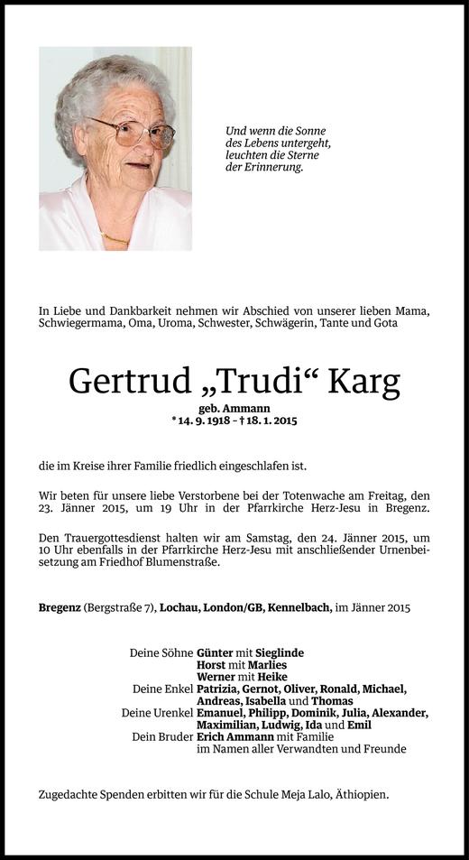 Todesanzeigen Von Gertrud Karg Todesanzeigen Vorarlberger Nachrichten