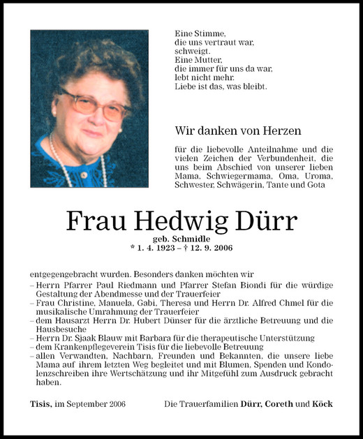 Todesanzeigen von Hedwig Dürr Todesanzeigen Vorarlberger Nachrichten