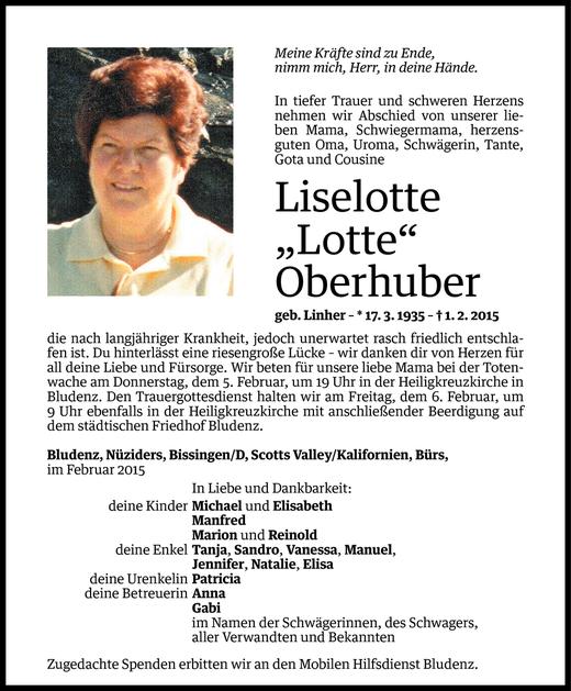 Todesanzeigen Von Liselotte Oberhuber Todesanzeigen Vorarlberger