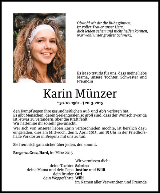 Todesanzeigen von Karin Münzer Todesanzeigen Vorarlberger Nachrichten