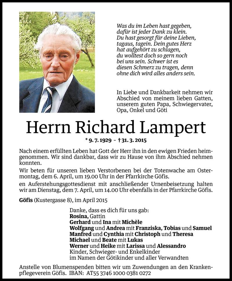 Todesanzeigen Von Richard Lampert Todesanzeigen Vorarlberger Nachrichten