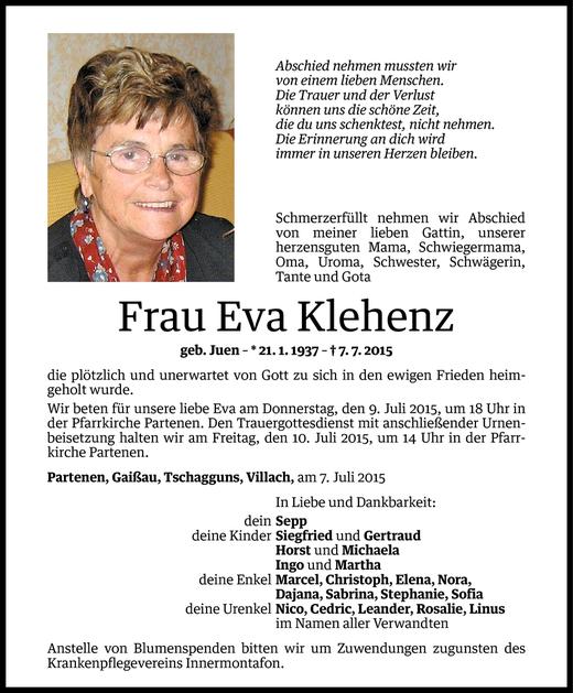 Todesanzeigen Von Eva Klehenz Todesanzeigen Vorarlberger Nachrichten